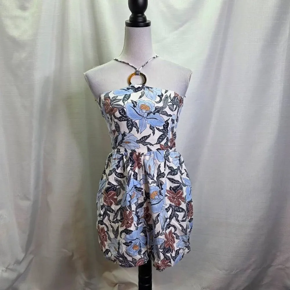 Old Navy Blue Floral Linen Blend O-Ring Halter Romper Size Medium